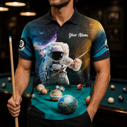 Space Astronaut Billiards Graphic Personalized Billiard Polo Shirt Front View