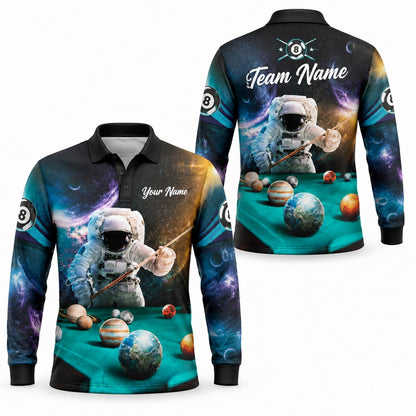 Space Astronaut Billiards Graphic Personalized Billiard Polo Shirt Long Sleeve Polo