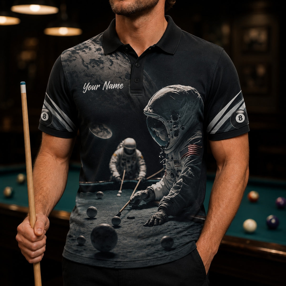 Space Billiards Astronaut Graphic Personalized Billiard Polo Shirt Front View