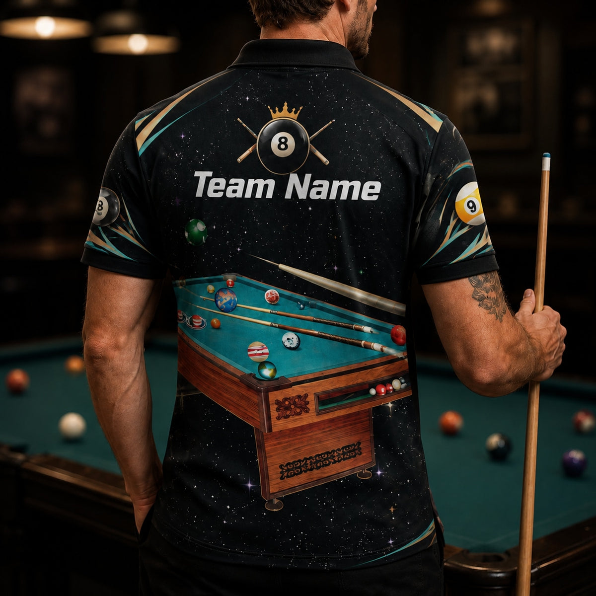 Space Billiards Table Graphic Personalized Billiard Polo Shirt Back View