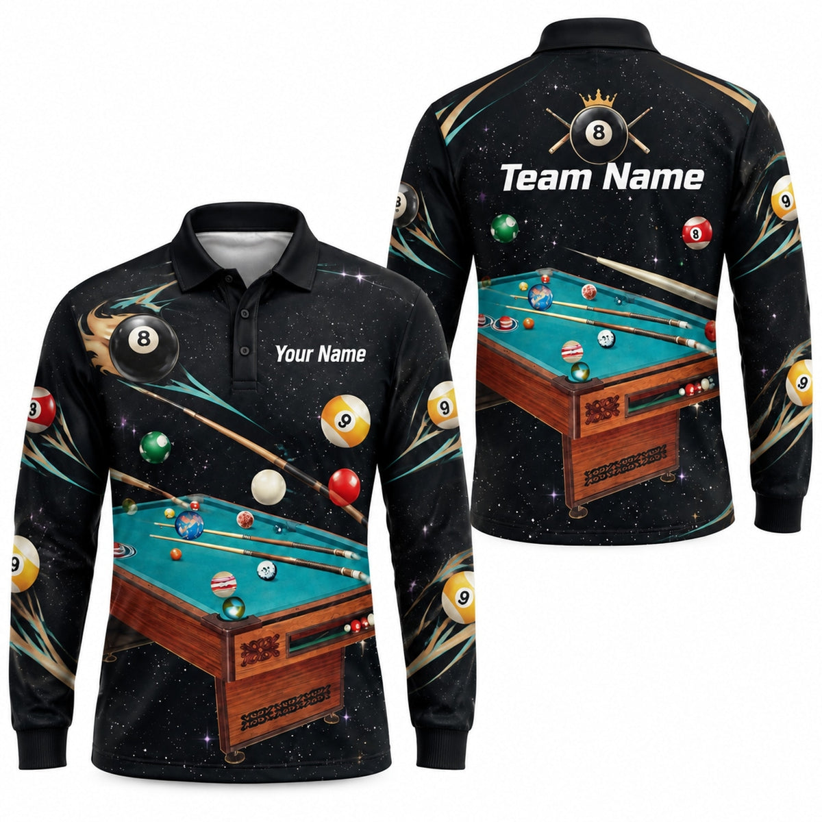Space Billiards Table Graphic Personalized Billiard Polo Shirt Long Sleeve Polo