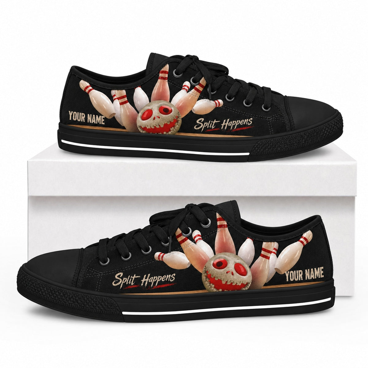 Split Happens Bowling Design Personalized Low Top Shoes Box Black