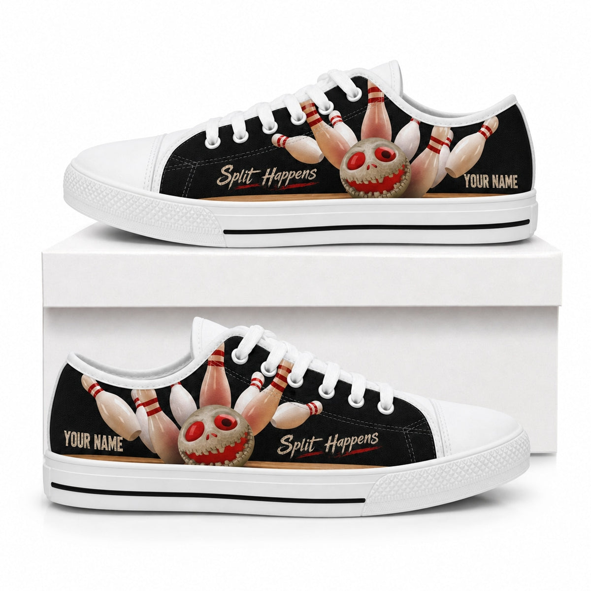 Split Happens Bowling Design Personalized Low Top Shoes Box White