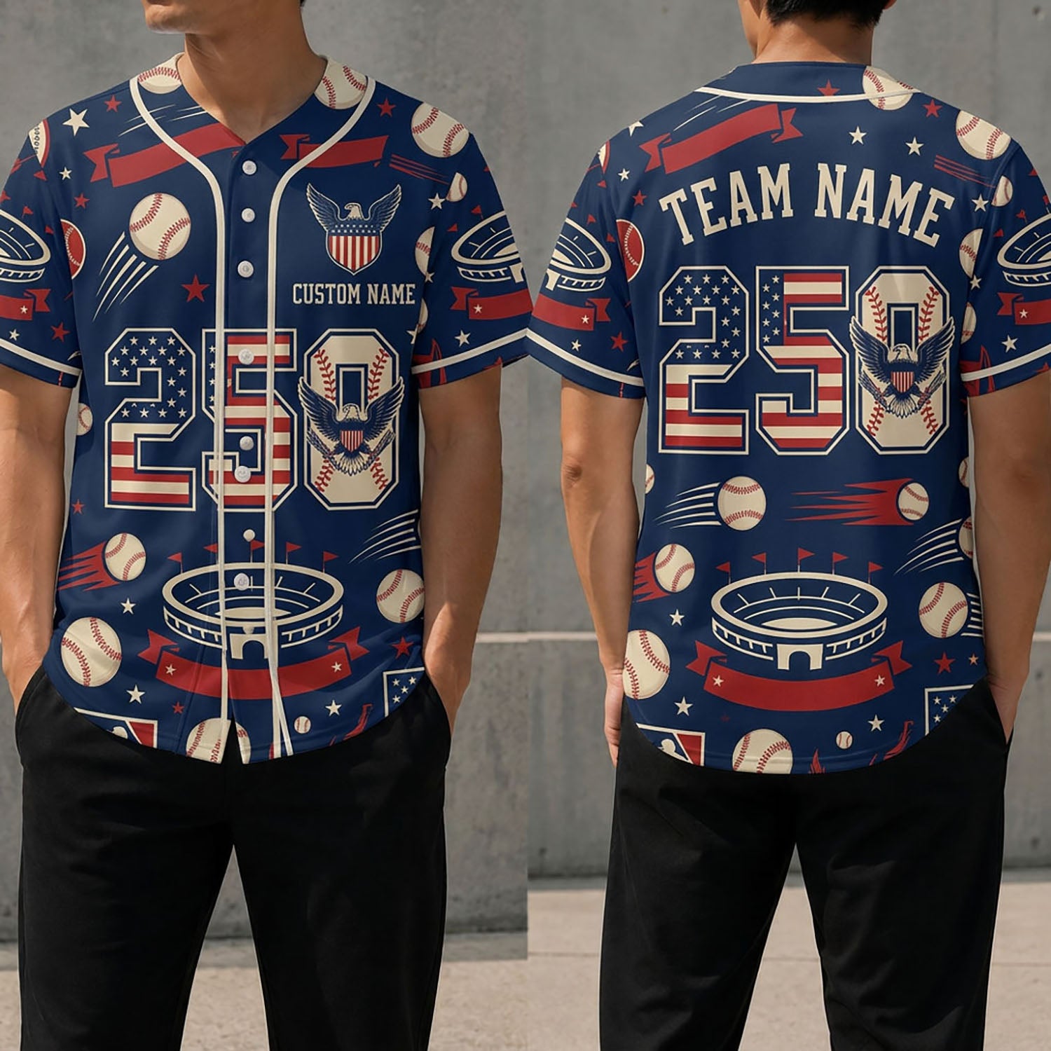 Front And Back View Of A Semiquincentennial Baseball Jersey Featuring Stadium Graphics And The Number 250 With An Eagle Emblem