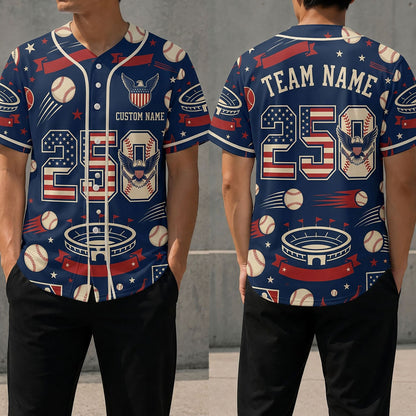 Front And Back View Of A Semiquincentennial Baseball Jersey Featuring Stadium Graphics And The Number 250 With An Eagle Emblem