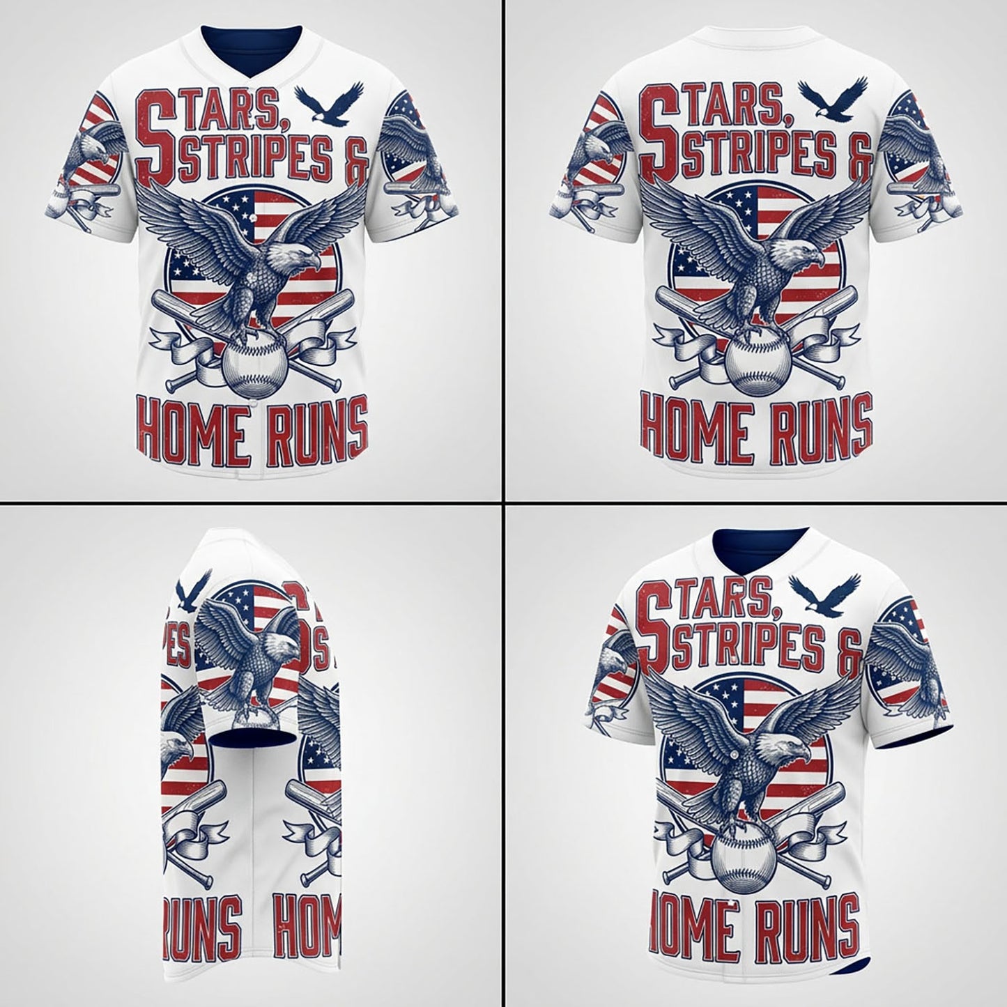 Collage Showing Front, Back, And Side Design Perspectives Of The Custom Eagle Baseball Jersey