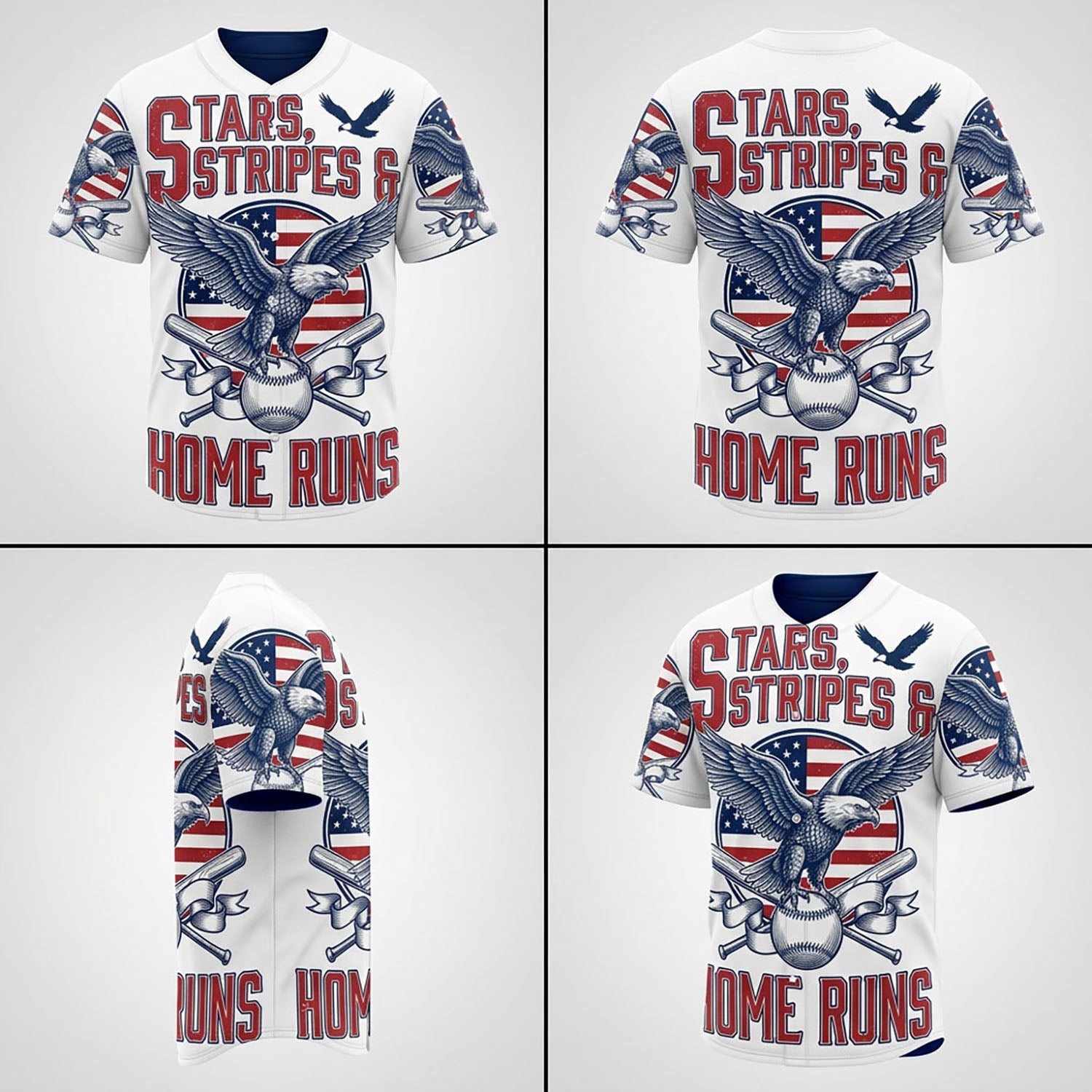 Collage Showing Front, Back, And Side Design Perspectives Of The Custom Eagle Baseball Jersey