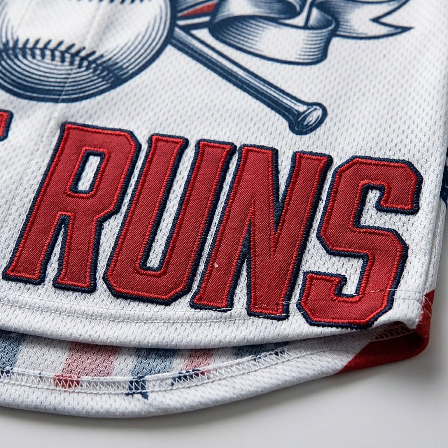 Close-Up Detail Of High-Quality Embroidery And Fabric On The Stars, Stripes & Home Runs Jersey