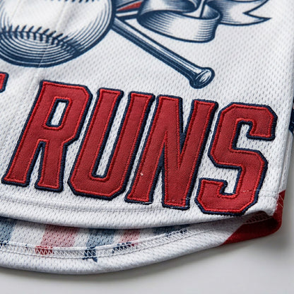 Close-Up Detail Of High-Quality Embroidery And Fabric On The Stars, Stripes & Home Runs Jersey