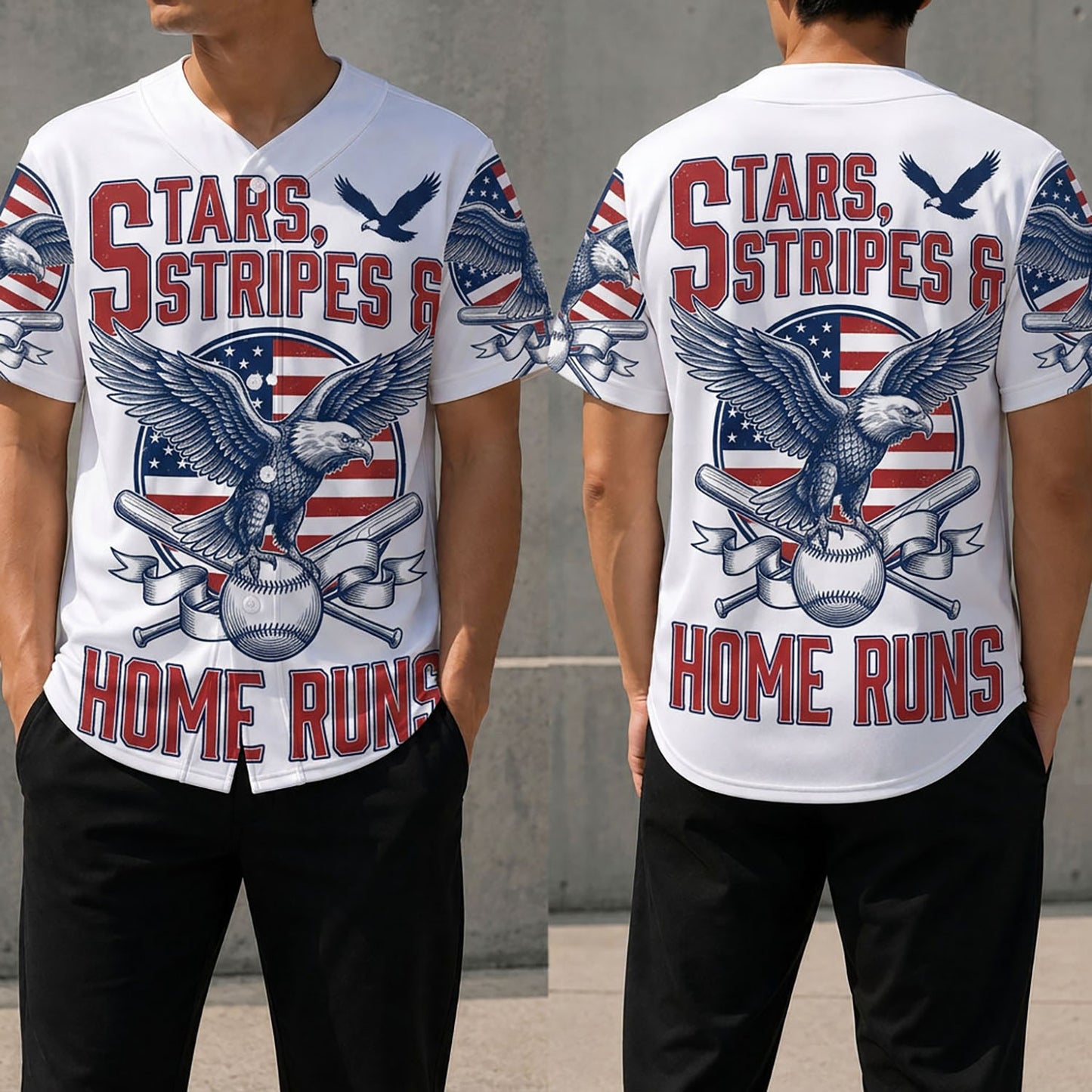 Front And Back View Of The Stars, Stripes & Home Runs Eagle Baseball Jersey With Patriotic Design