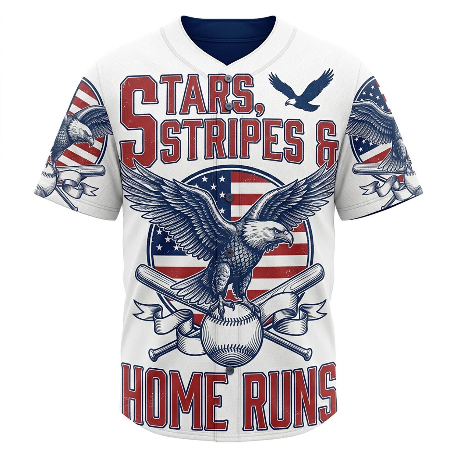 Isolated Front View Of The Patriotic Stars, Stripes & Home Runs American Baseball Shirt