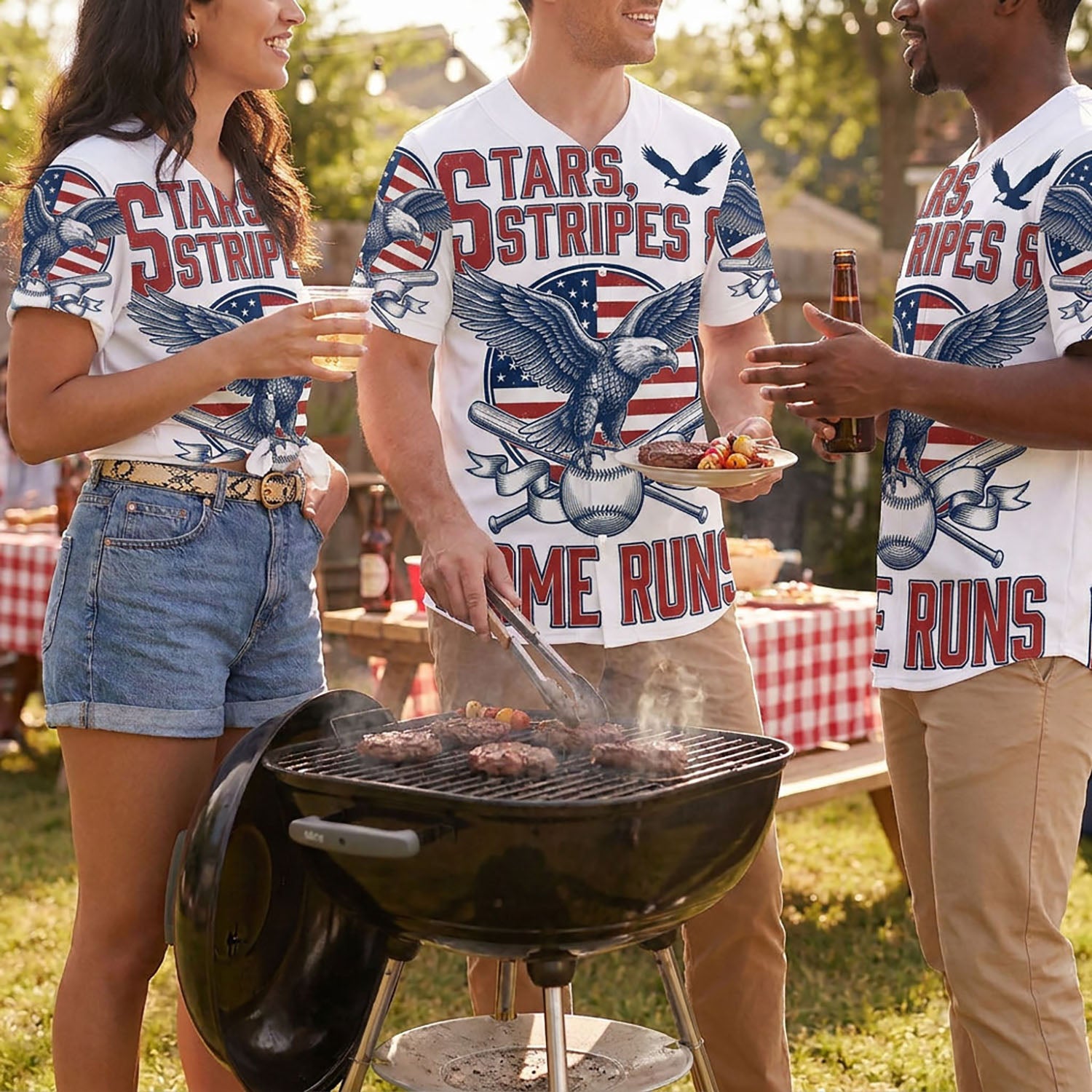 People Wearing Stars, Stripes & Home Runs Baseball Jerseys At A Festive Outdoor Summer Barbecue