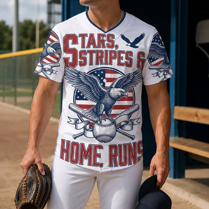 Model Holding A Baseball Glove Wearing The Stars, Stripes & Home Runs Jersey On A Baseball Field