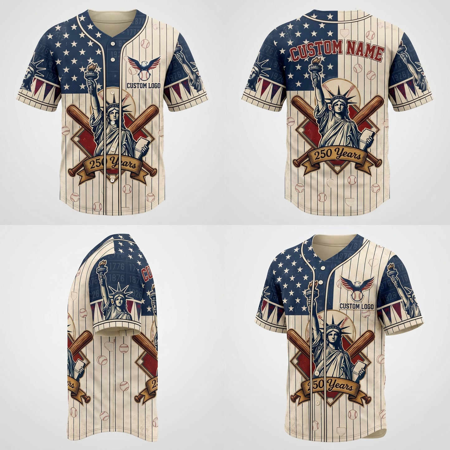 Four-way product presentation template showcasing the front, back, side print profile, and angled view of the patriotic Statue of Liberty shirt.