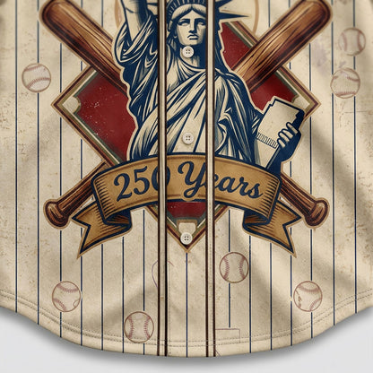 Extreme close-up of the lower front print on the cream jersey showing the detailed 250 Years ribbon, crossed wooden bats, and baseball patterns.