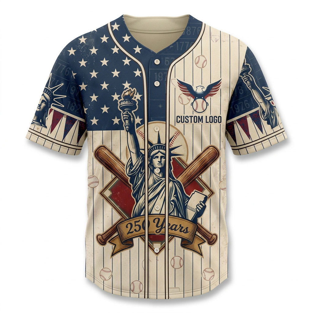 Premium flatlay of the custom cream Statue of Liberty USA anniversary baseball jersey isolated on a solid white background for store display.