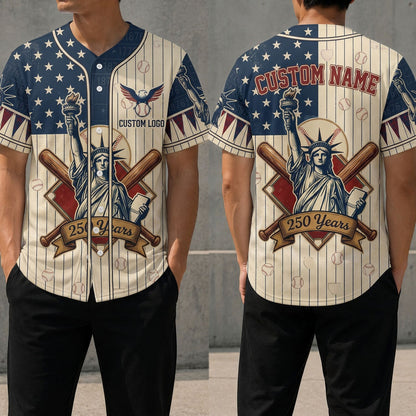 Front and back view of a cream pinstripe USA 250th anniversary baseball jersey featuring the Statue of Liberty graphic and blue star pattern.