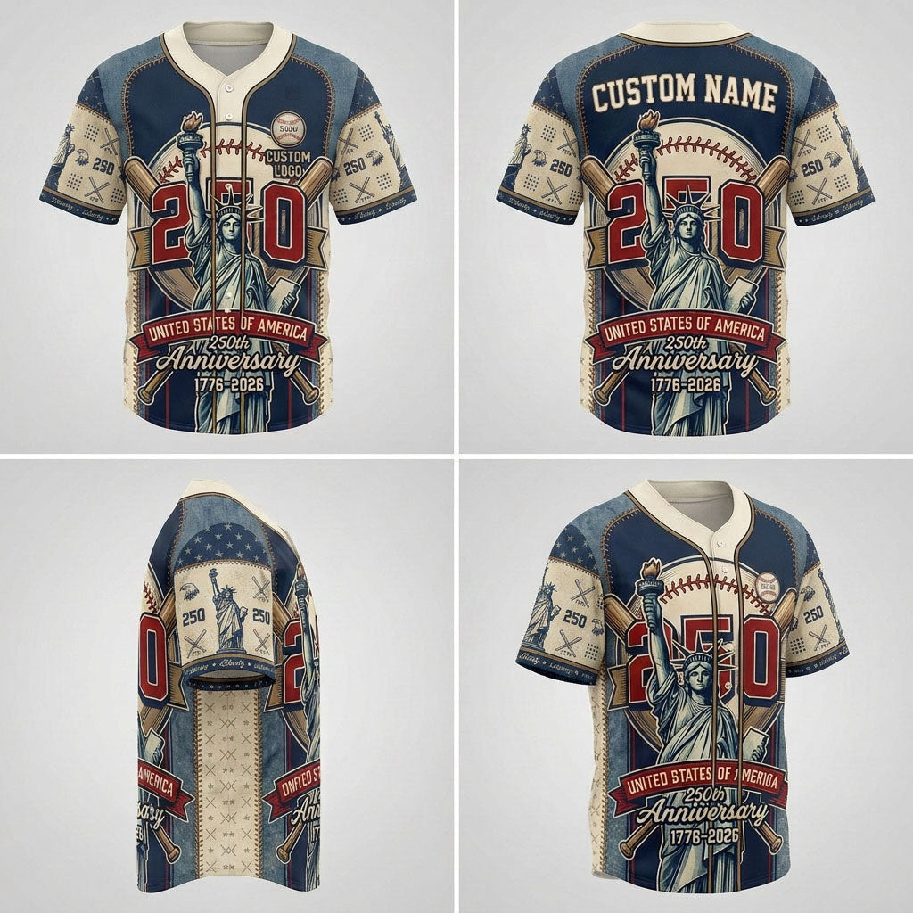 Four-way product presentation template showcasing the front, back, side print profile, and angled view of the patriotic Statue of Liberty jersey.