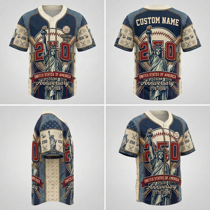 Four-way product presentation template showcasing the front, back, side print profile, and angled view of the patriotic Statue of Liberty jersey.