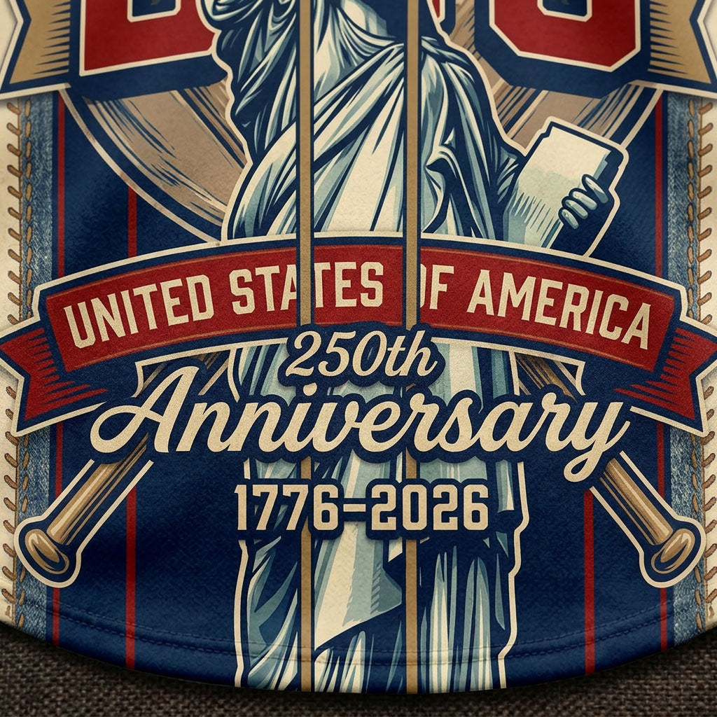 Extreme close-up of the lower front print on the textured jersey showing the detailed United States of America 250th Anniversary 1776-2026 ribbon text.
