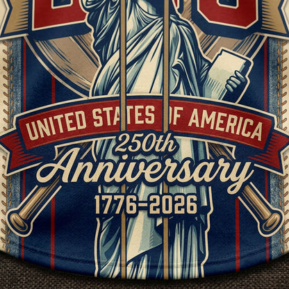 Extreme close-up of the lower front print on the textured jersey showing the detailed United States of America 250th Anniversary 1776-2026 ribbon text.