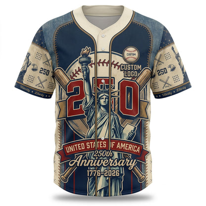 Premium flatlay of the custom cream and navy Statue of Liberty USA anniversary baseball shirt isolated on a solid white background for store display.
