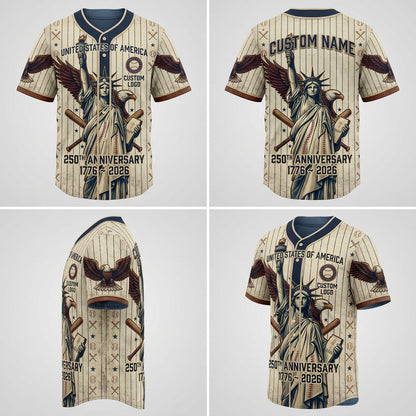 Four-way product presentation template showcasing the front, back, side print profile, and angled view of the patriotic Statue of Liberty shirt.
