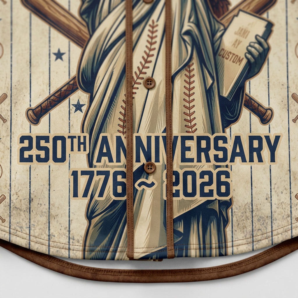 Extreme close-up of the lower front print on the cream jersey showing the detailed 250th Anniversary 1776-2026 text and vertical pinstripes.