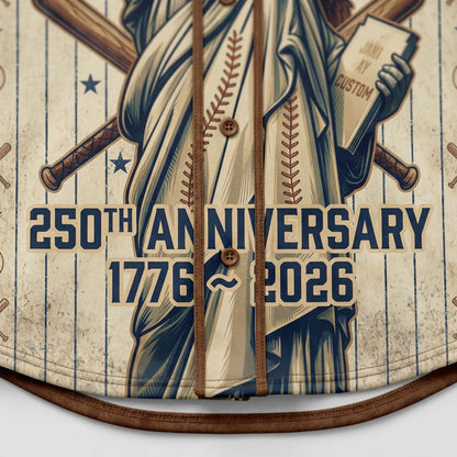 Extreme close-up of the lower front print on the cream jersey showing the detailed 250th Anniversary 1776-2026 text and vertical pinstripes.