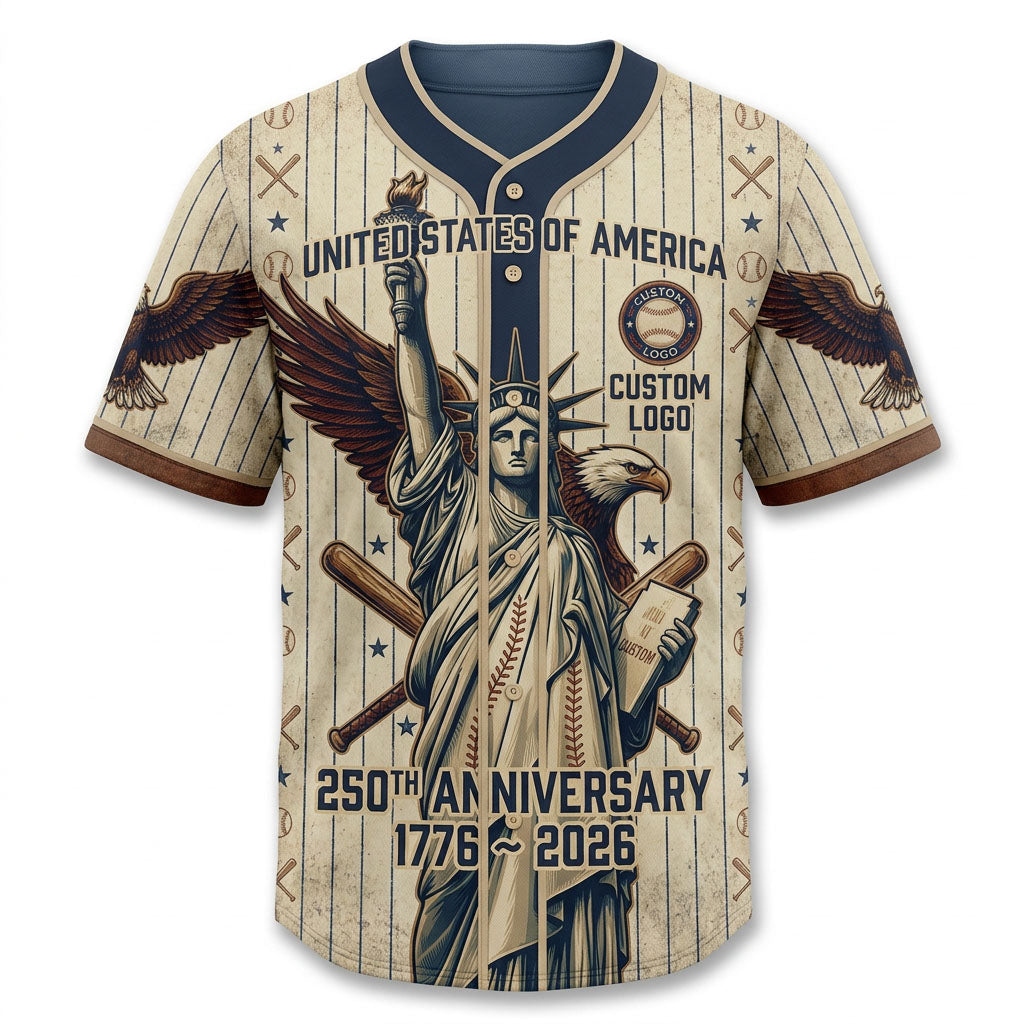 Premium flatlay of the custom cream Statue of Liberty USA anniversary baseball shirt isolated on a solid white background for store display.