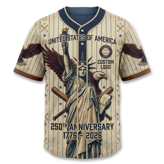 Premium flatlay of the custom cream Statue of Liberty USA anniversary baseball shirt isolated on a solid white background for store display.