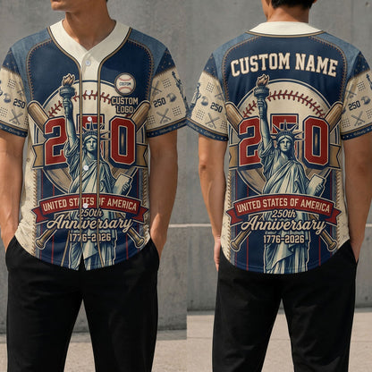 Front and back view of a cream and navy textured USA 250th anniversary baseball jersey featuring the Statue of Liberty and bold 250 graphics.