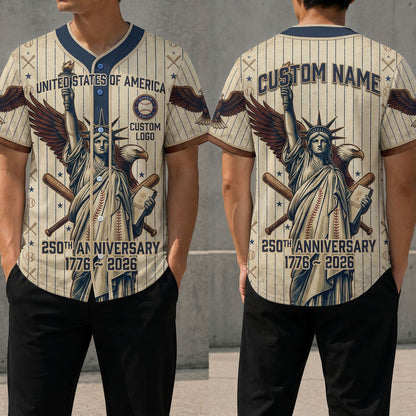 Front and back view of a cream pinstripe USA 250th anniversary baseball jersey featuring the Statue of Liberty, bald eagle, and 1776-2026 graphics.
