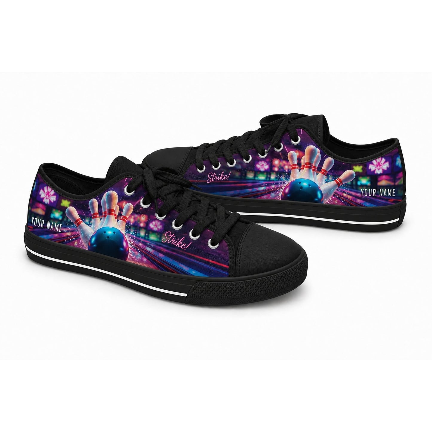 Strike Blue Bowling Design Graphic Personalized Low Top Shoes Black Shoes