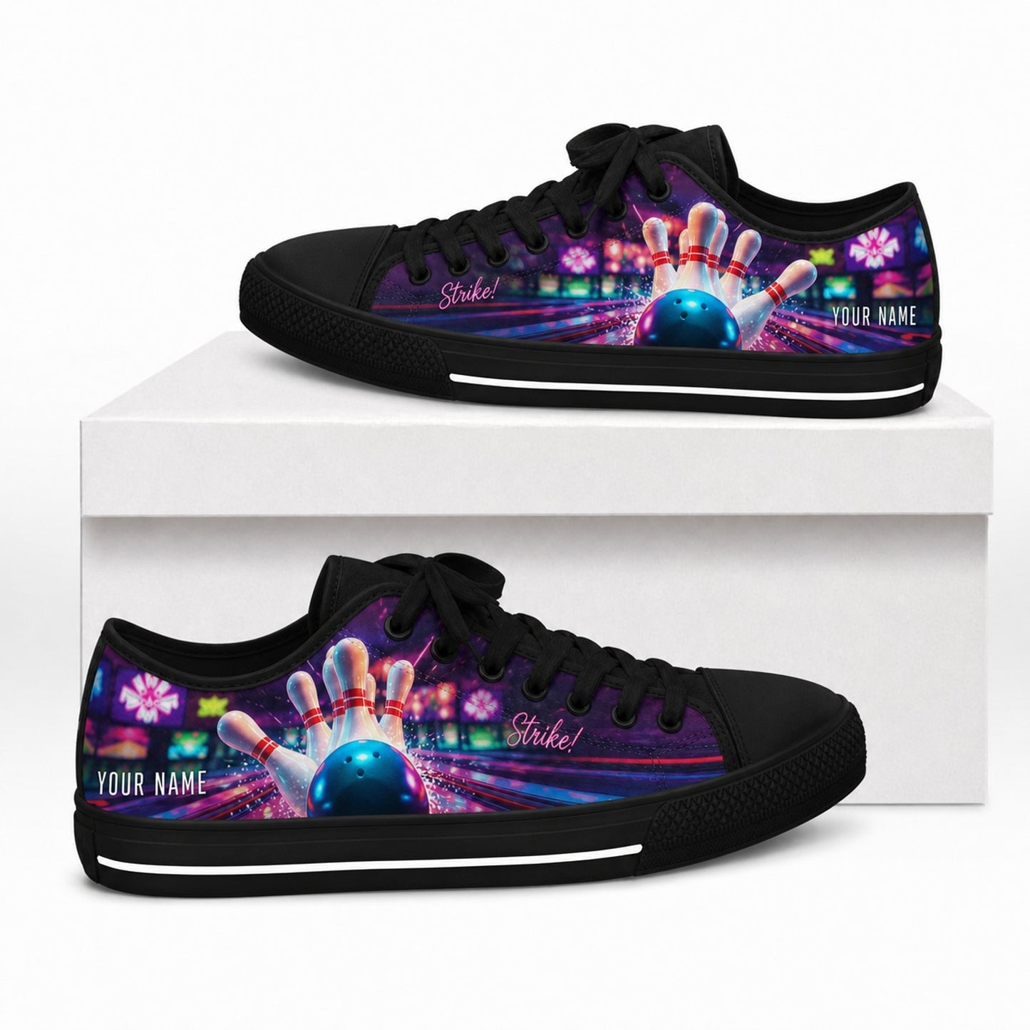 Strike Blue Bowling Design Graphic Personalized Low Top Shoes Box Black