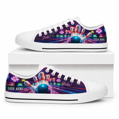 Strike Blue Bowling Design Graphic Personalized Low Top Shoes Box White
