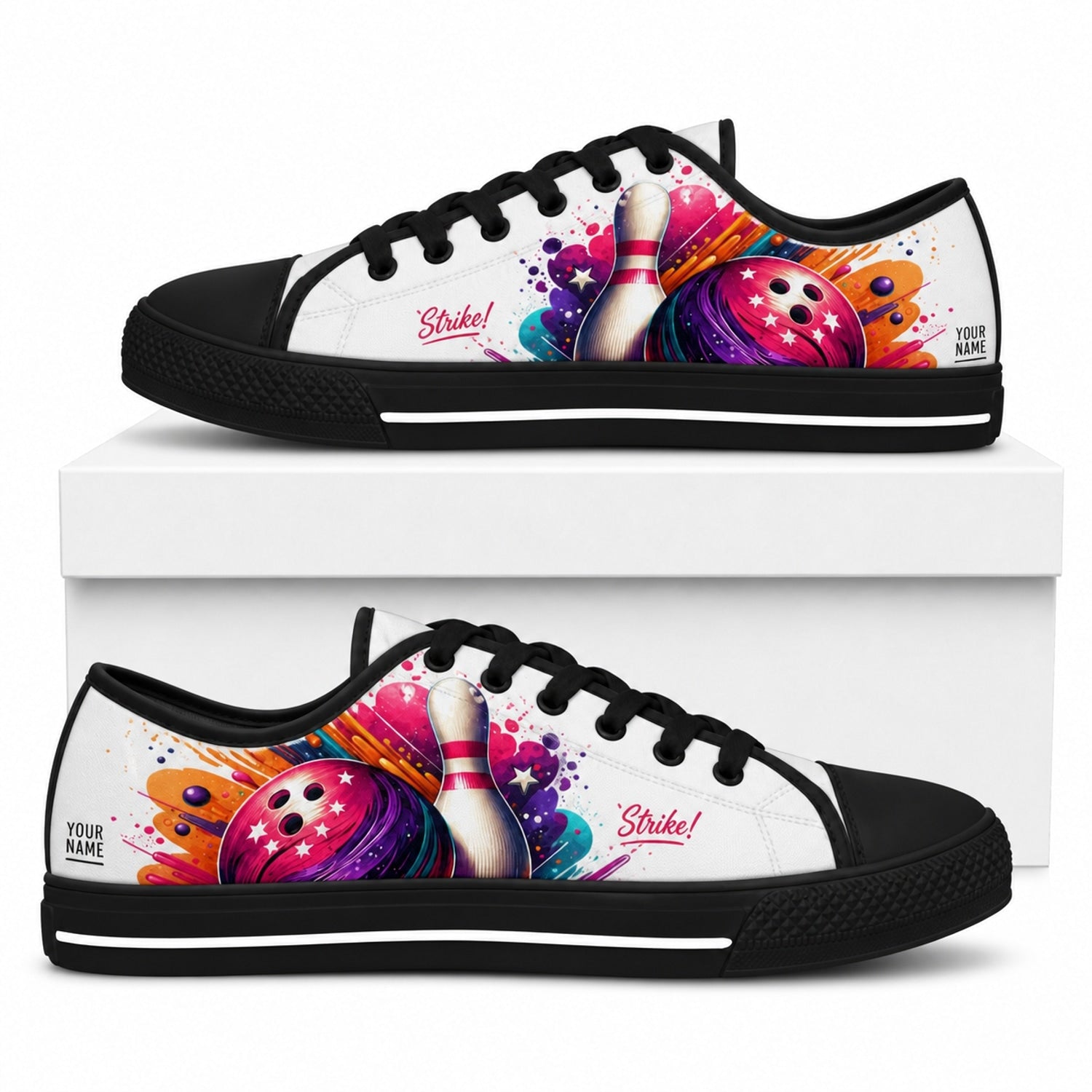 Strike Bowling Ball And Pin Graphic Personalized Low Top Shoes Box Black