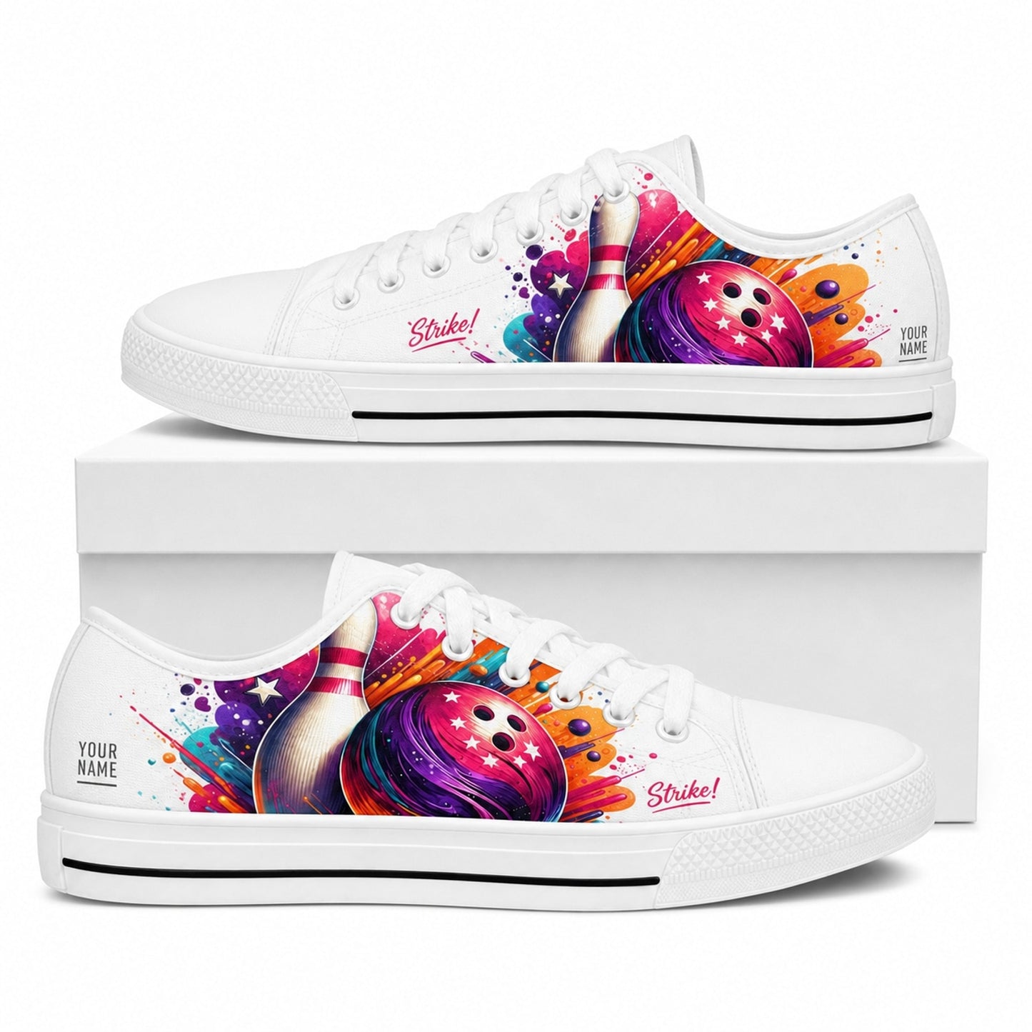 Strike Bowling Ball And Pin Graphic Personalized Low Top Shoes Box White