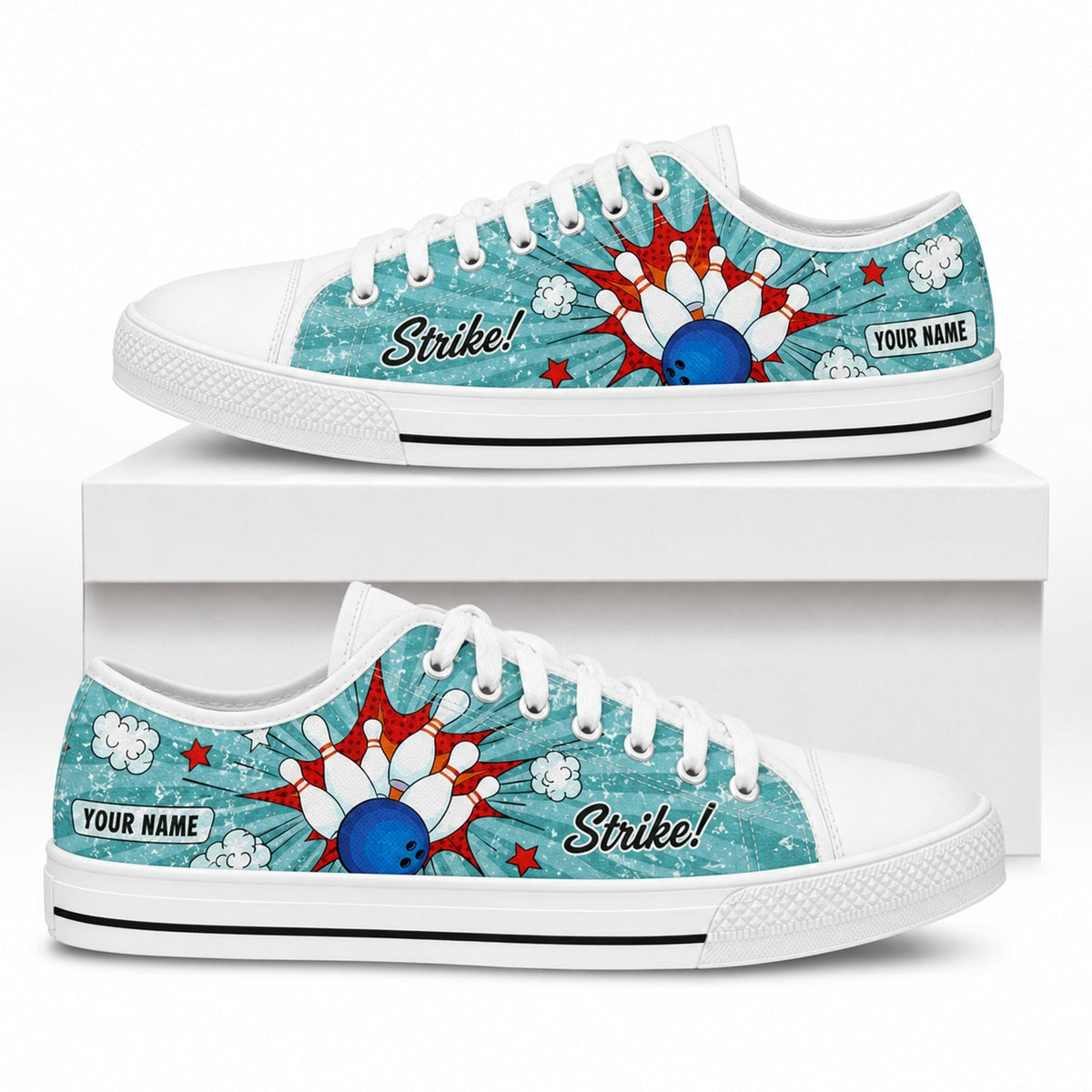 Strike Bowling Ball And Pins Graphic Personalized Low Top Shoes Box White
