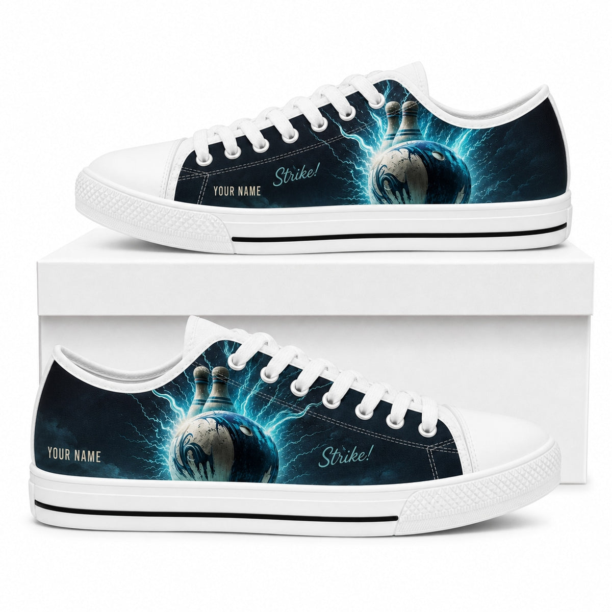 Strike Bowling Ball Design Graphic Personalized Low Top Shoes Box White