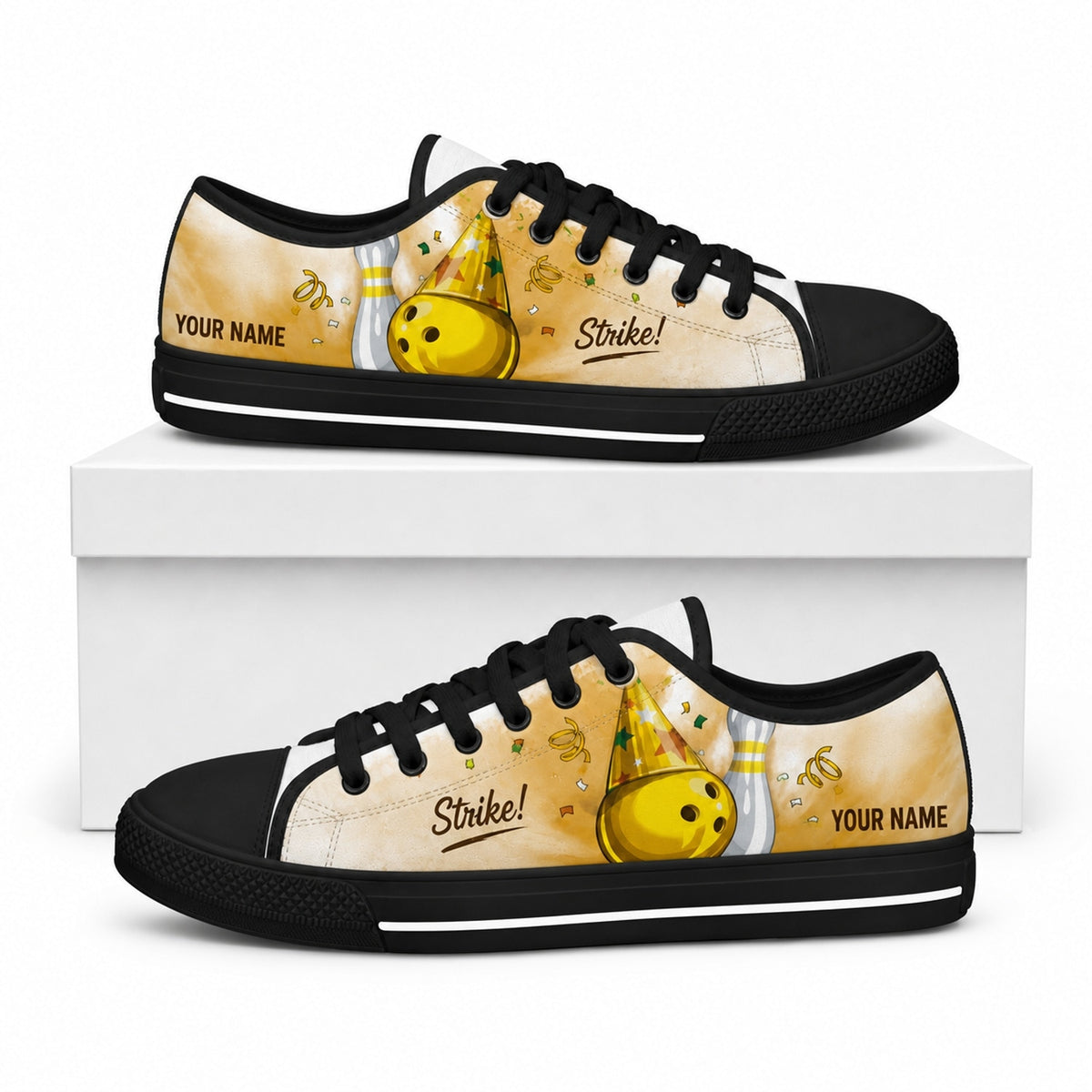 Strike Bowling Ball Graphic Personalized Low Top Shoes Box Black
