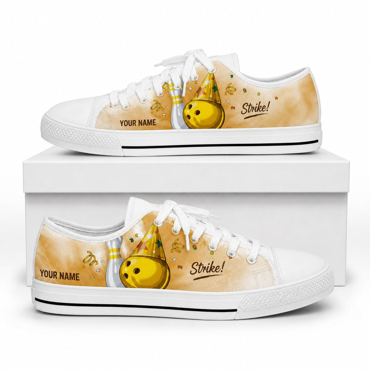Strike Bowling Ball Graphic Personalized Low Top Shoes Box White