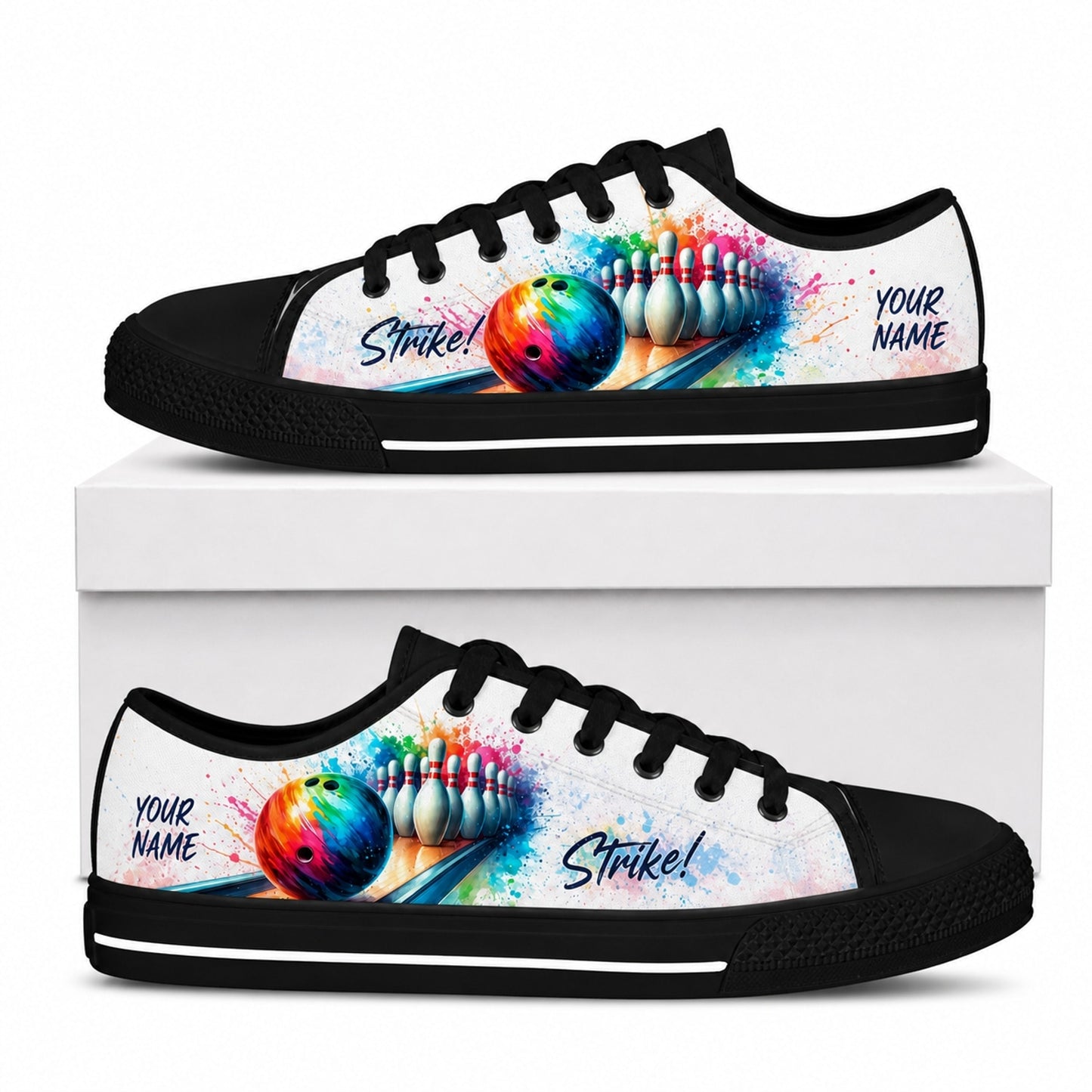 Strike Bowling Ball Pins Graphic Personalized Low Top Shoes Box Black