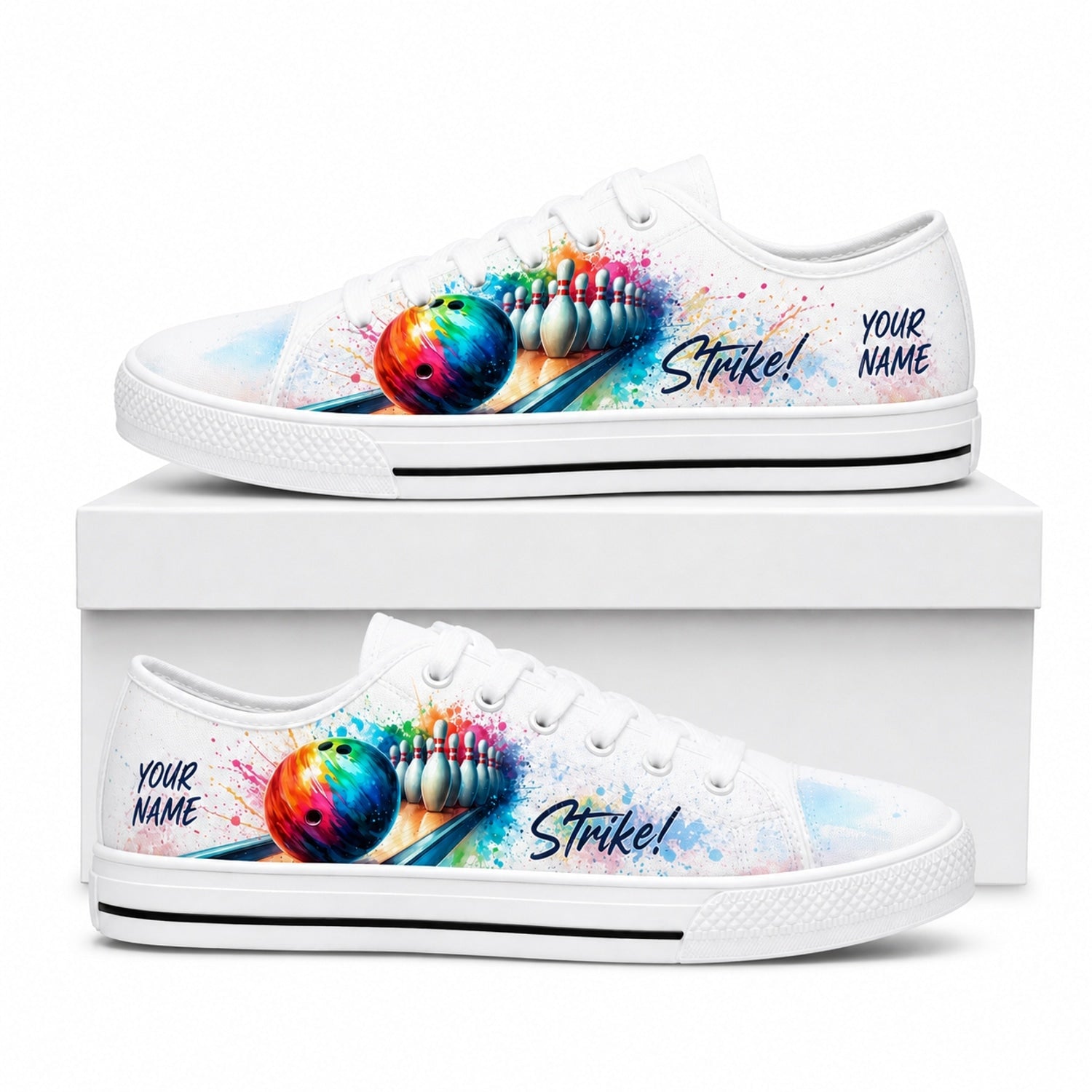 Strike Bowling Ball Pins Graphic Personalized Low Top Shoes Box White
