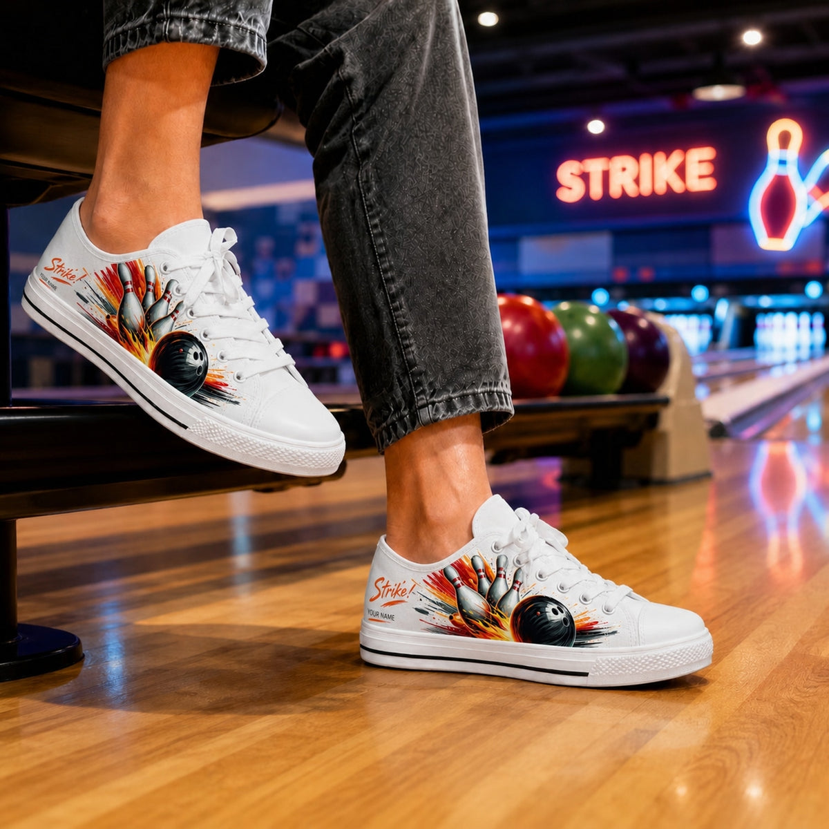 Strike Bowling Design Graphic Custom Low Top Shoes Bowling Life Style