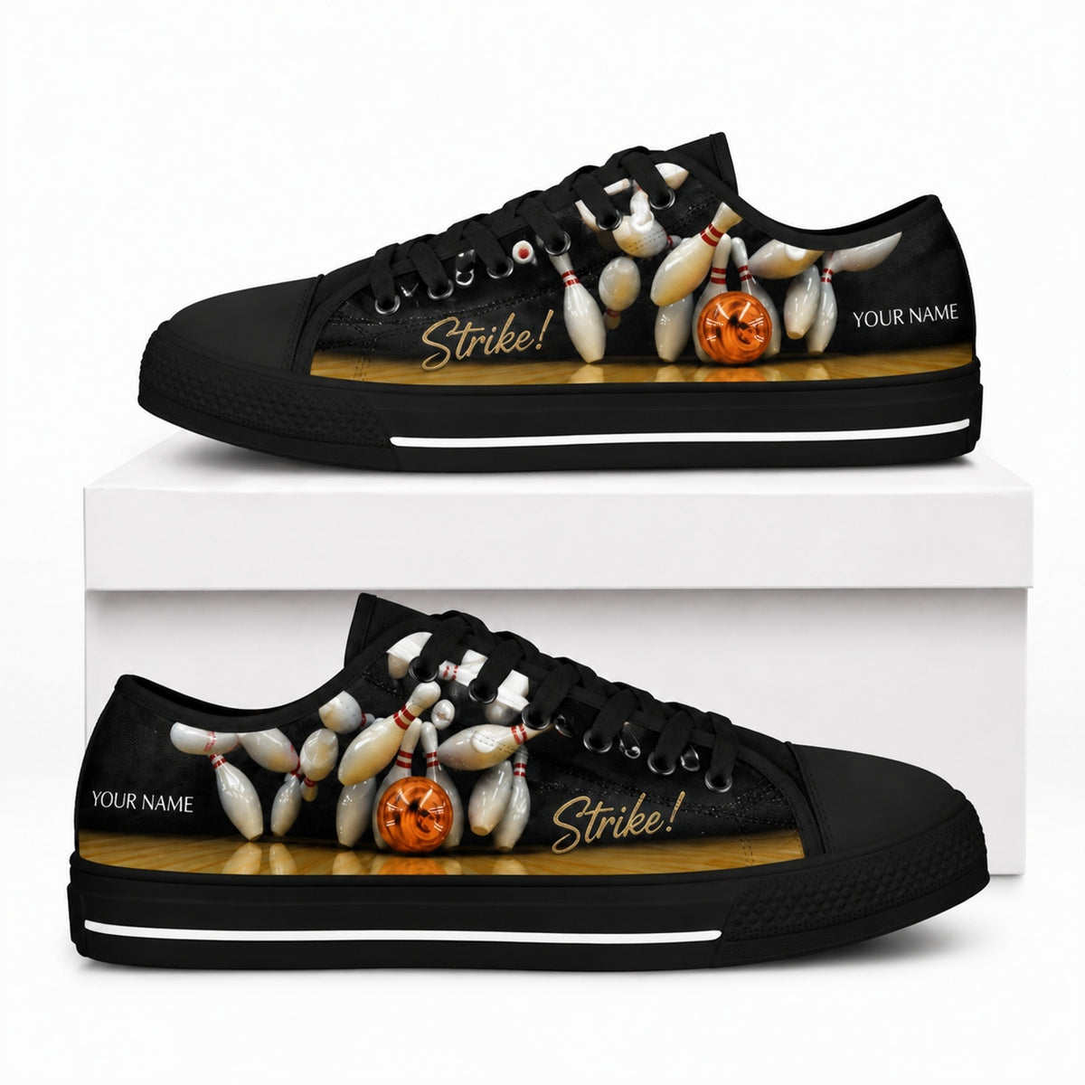 Strike Bowling Design Graphic Personalized Low Top Shoes Box Black