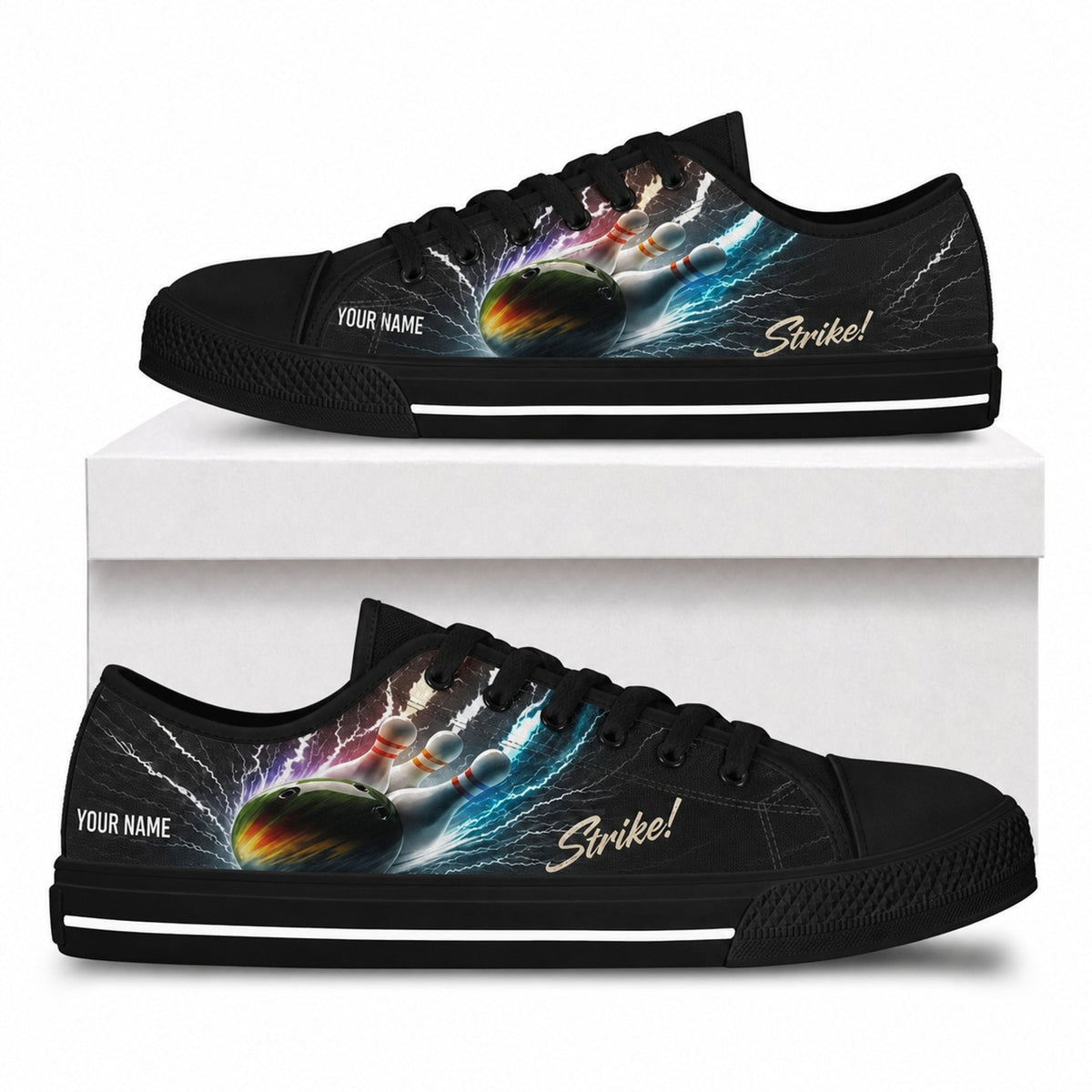 Strike Bowling Design Personalized Low Top Shoes Box Black
