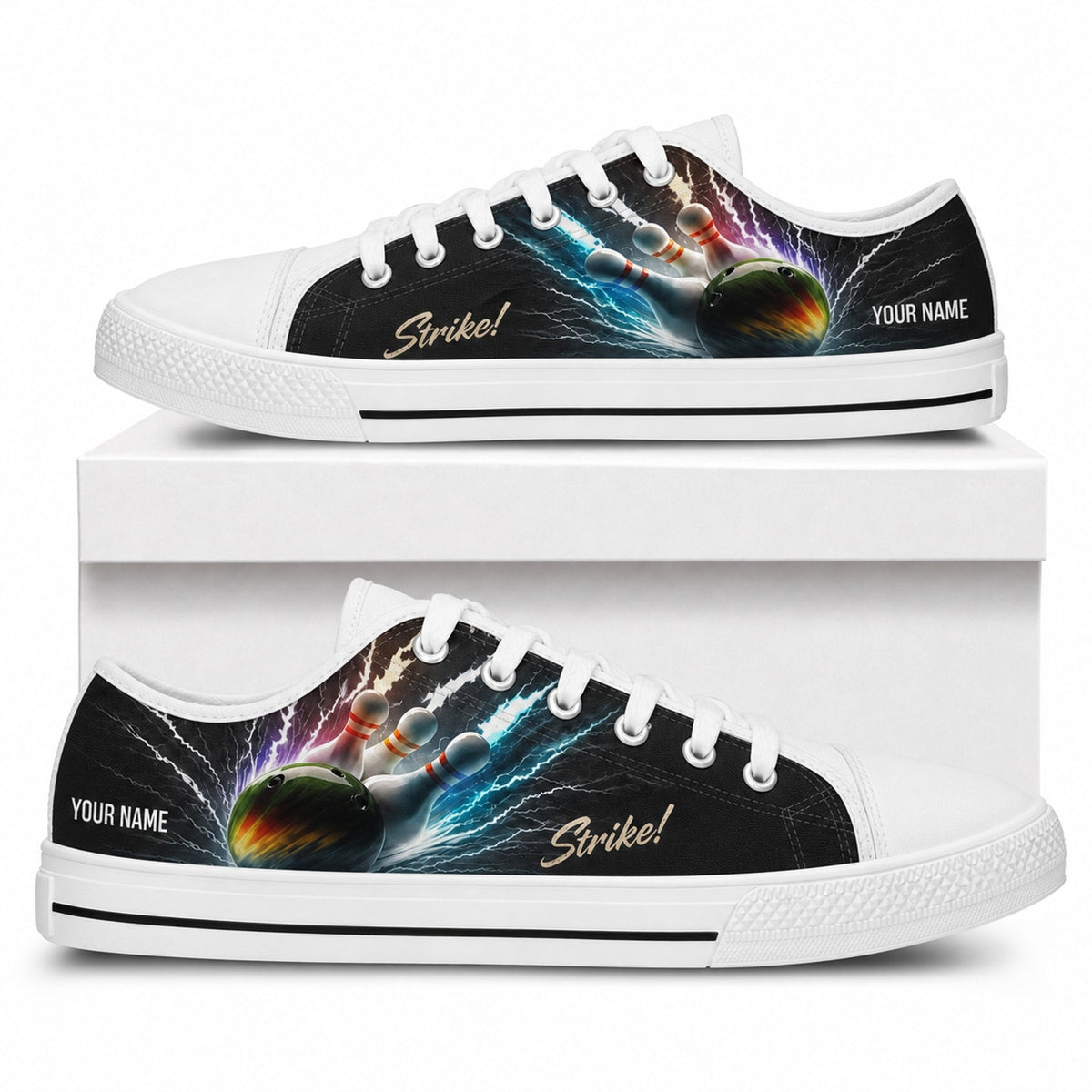 Strike Bowling Design Personalized Low Top Shoes Box White