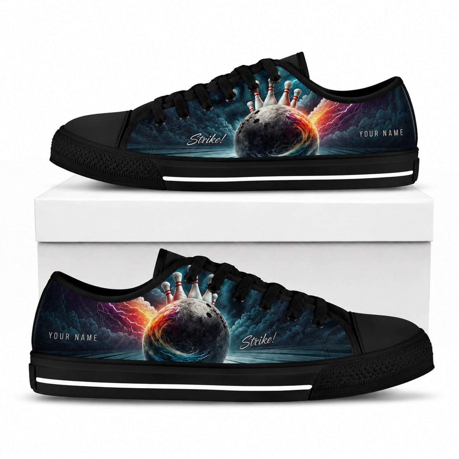 Strike Bowling Design Retro Personalized Low Top Shoes Box Black