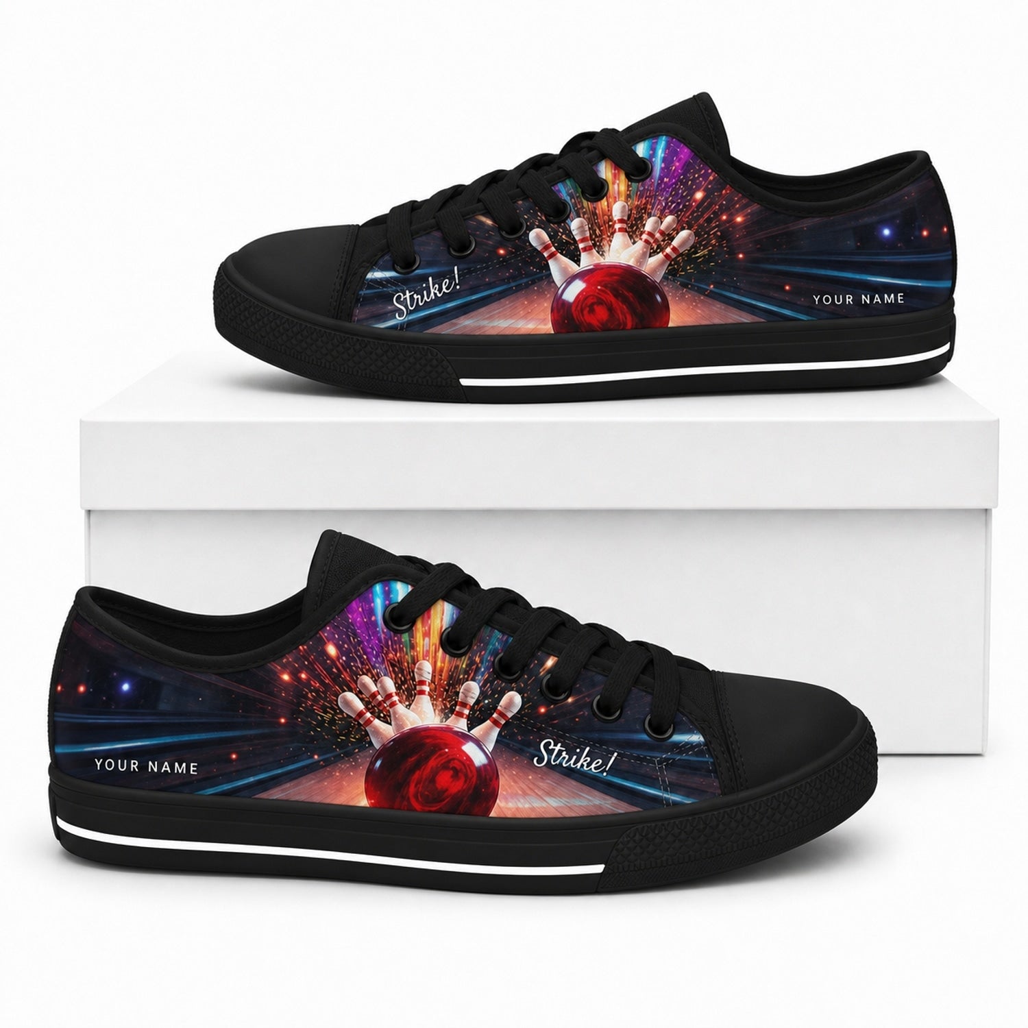 Strike Bowling Design Vintage Personalized Low Top Shoes Box Black